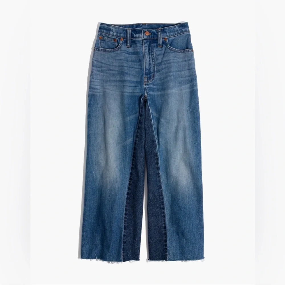 Madewell Two-Tone Blue Wide Leg Flare Cropped Gusset Jeans Size 31 - Picture 4 of 14
